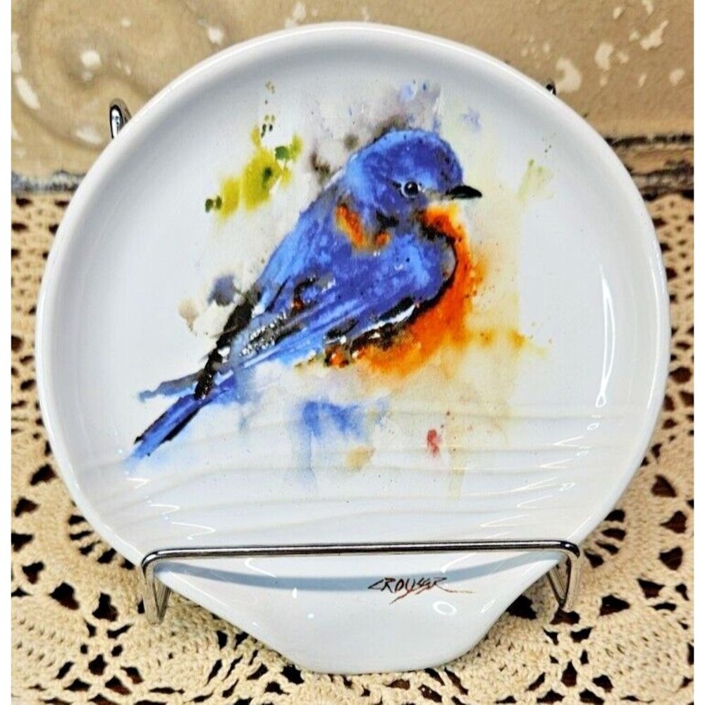 Signed Dean Crouser Blue Bird Ceramic Spoon Rest (read)
